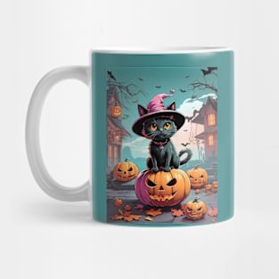 Black halloween cat with spooky pumpkins Mug